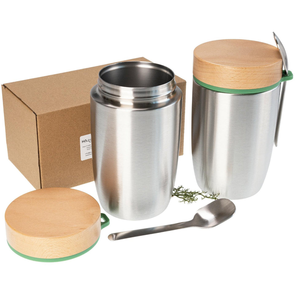 Edelstahl Lunchbox doppelwandig isoliert 0,5 l mit FSC® Holzdeckel und Löffel | individuell personalisiert