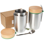 Edelstahl Lunchbox doppelwandig isoliert 0,5 l mit FSC® Holzdeckel und Löffel | individuell personalisiert