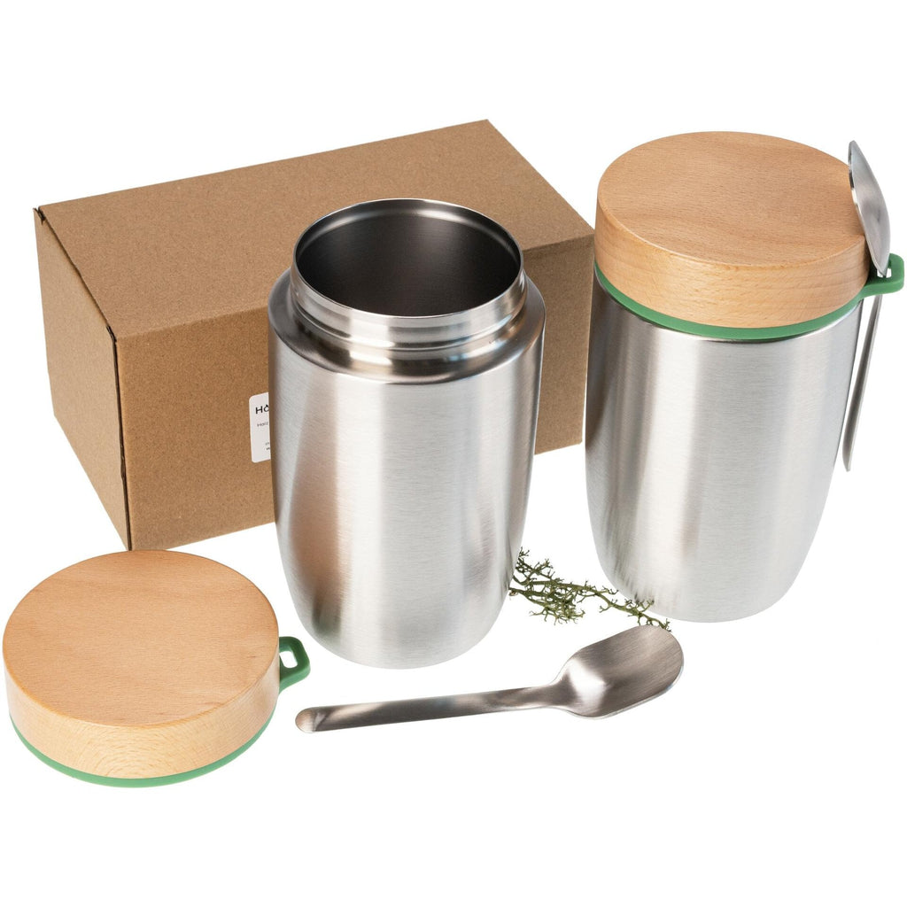 Edelstahl Lunchbox doppelwandig isoliert 0,5 l mit FSC® Holzdeckel und Löffel | individuell personalisiert
