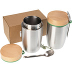 Edelstahl Lunchbox doppelwandig isoliert 0,5 l mit FSC® Holzdeckel und Löffel | individuell personalisiert
