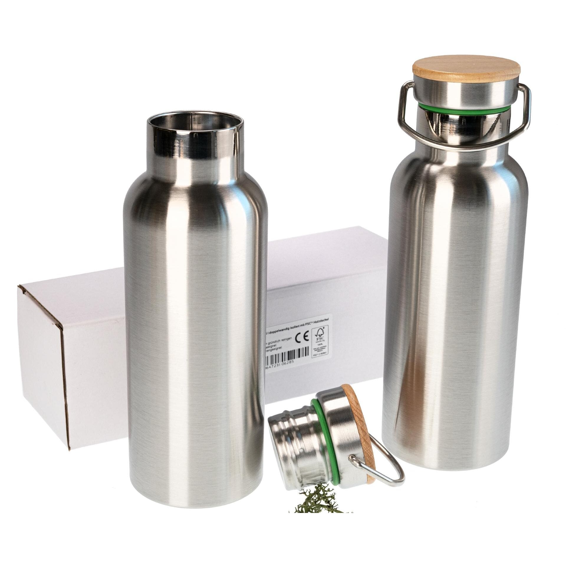 Edelstahl Trinkflasche 0,5 l doppelwandig isoliert mit FSC® Holzdeckel | individuell personalisierbar
