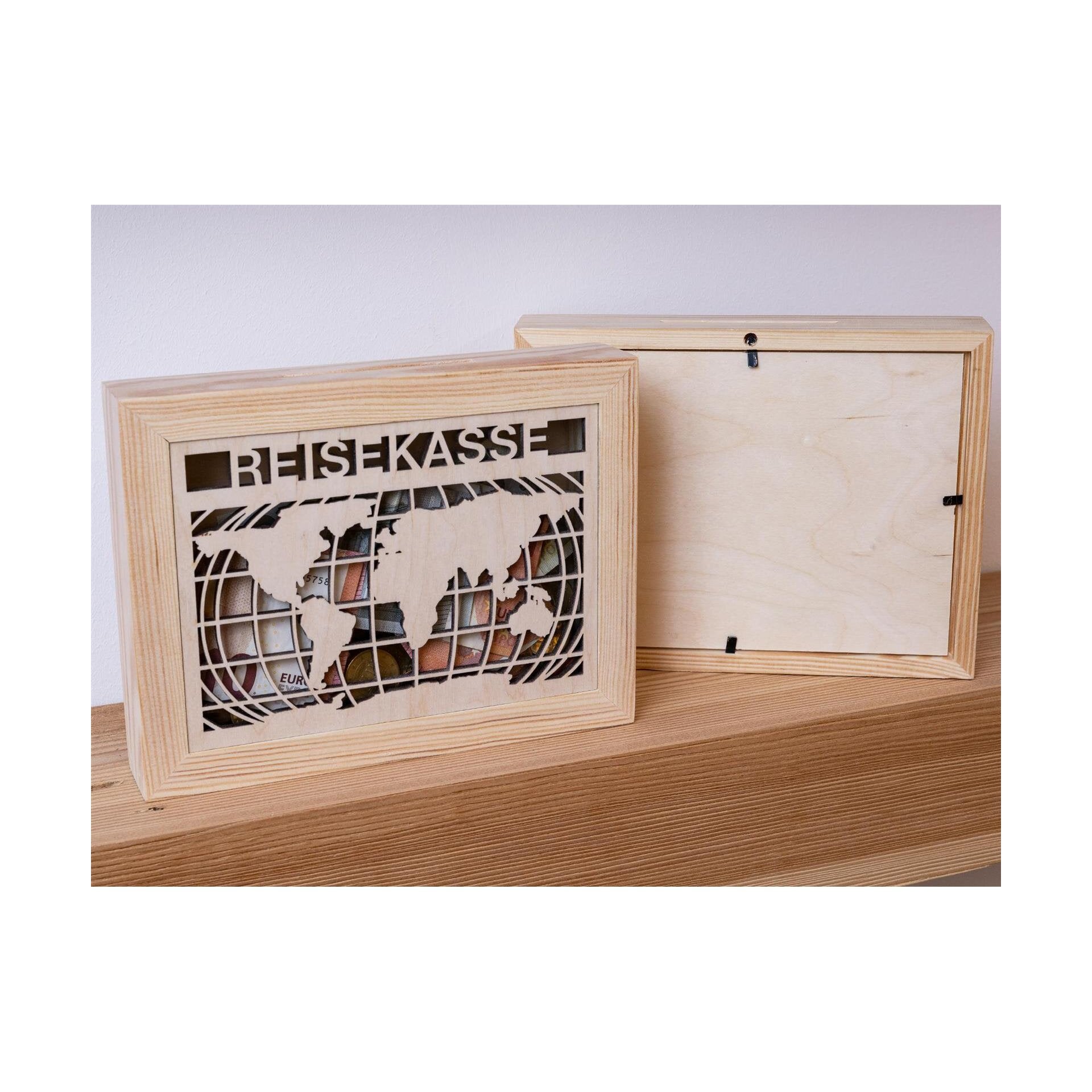 Holz-Spardose Bilderrahmen mit Glas-Einsatz