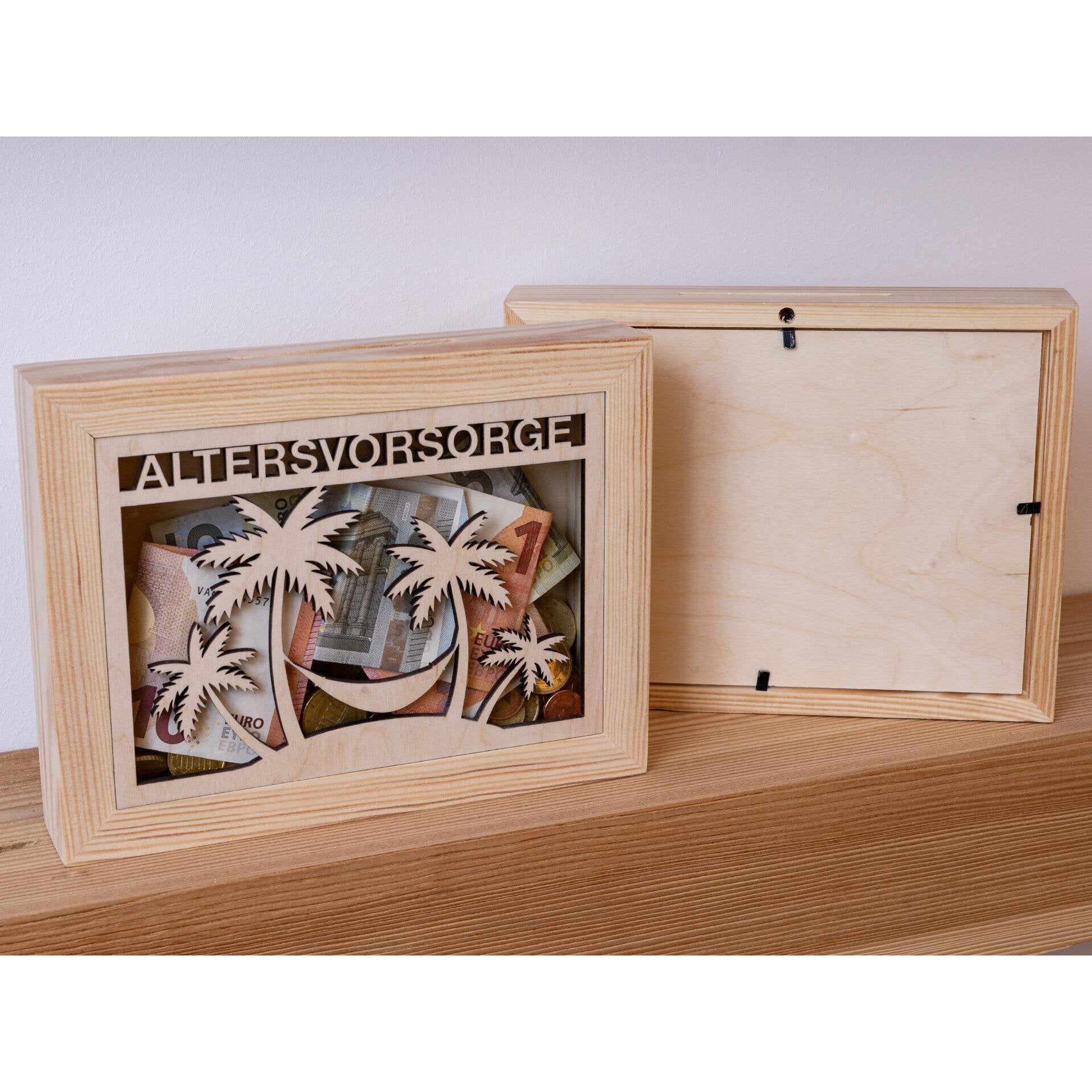 Holz-Spardose Bilderrahmen mit Glas-Einsatz