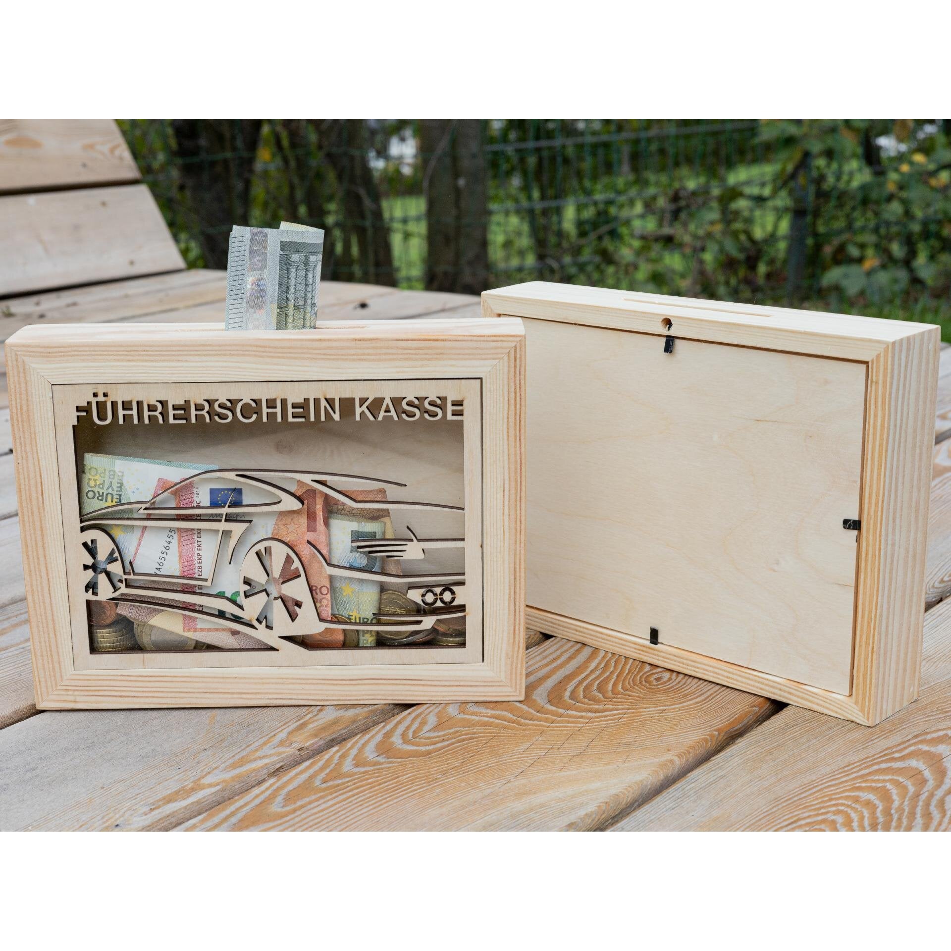 Holz-Spardose Bilderrahmen mit Glas-Einsatz