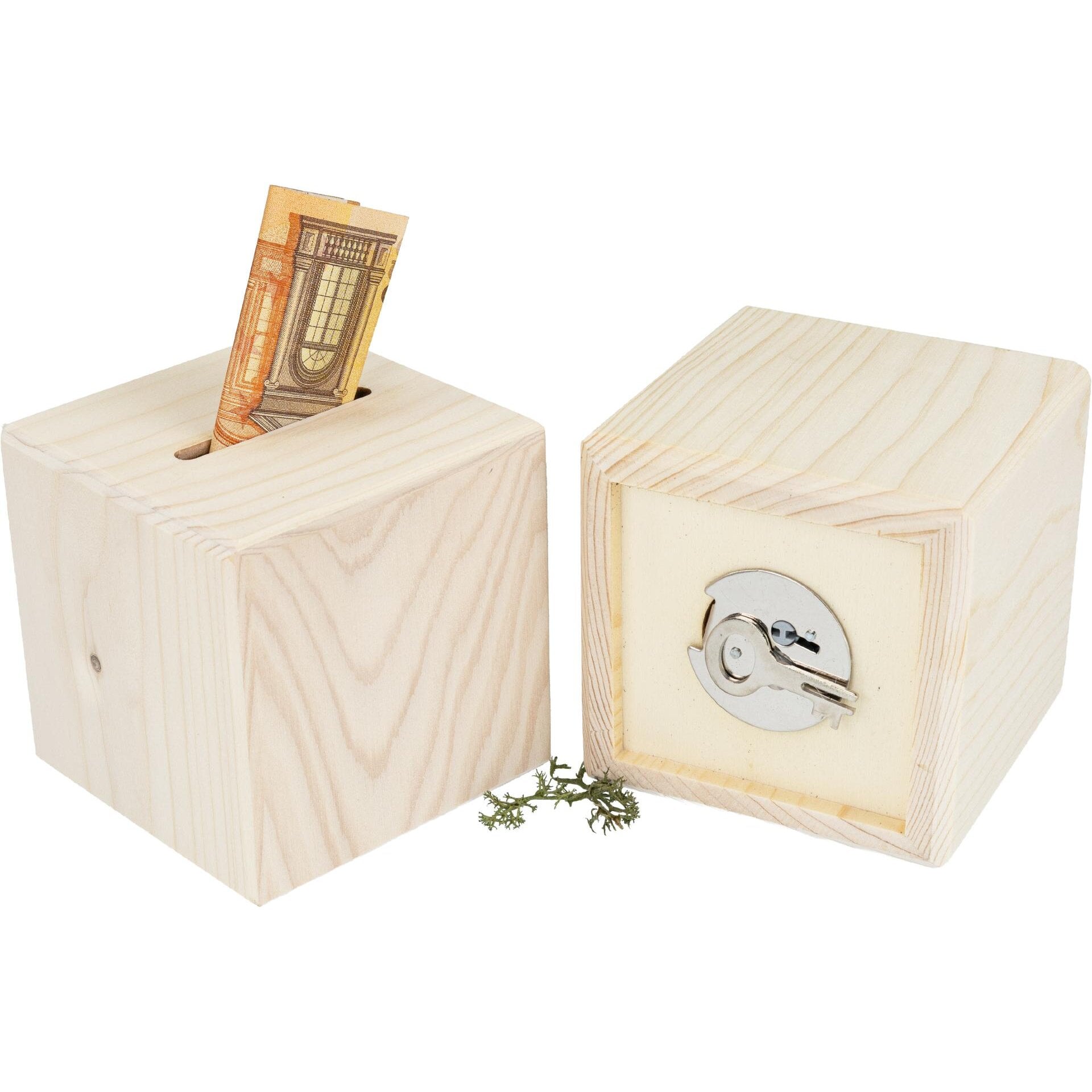Holz Spardose Würfel aus Fichte 10 cm mit Metallschloss | individuell personalisierbar