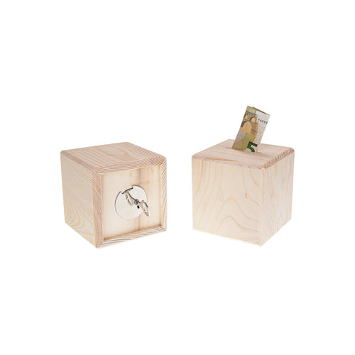 Holz Spardose Würfel aus Fichte 10 cm mit Metallschloss | individuell personalisierbar