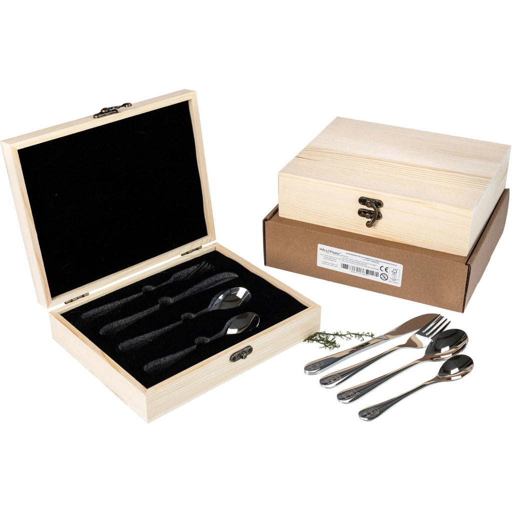 Kinderbesteck Set | Edelstahl | verschiedene Motive | Holzkiste personaisierbar