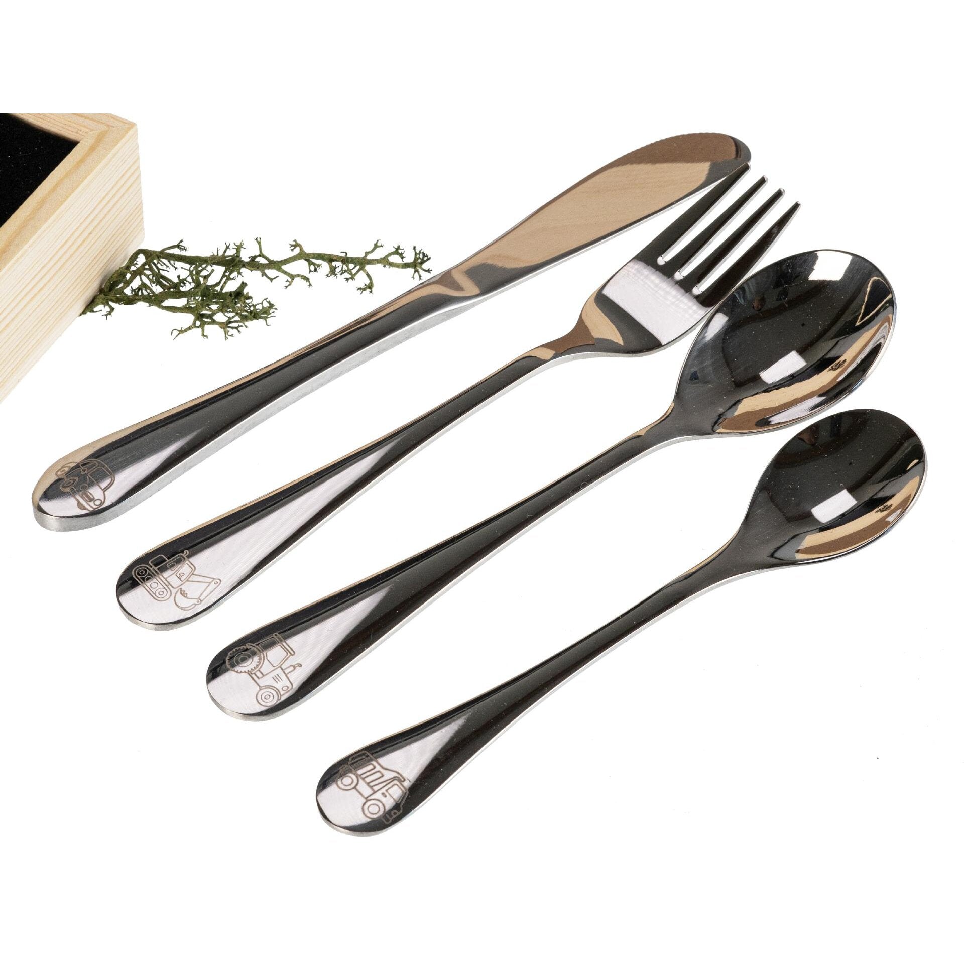 Kinderbesteck Set | Edelstahl | verschiedene Motive | Holzkiste personaisierbar