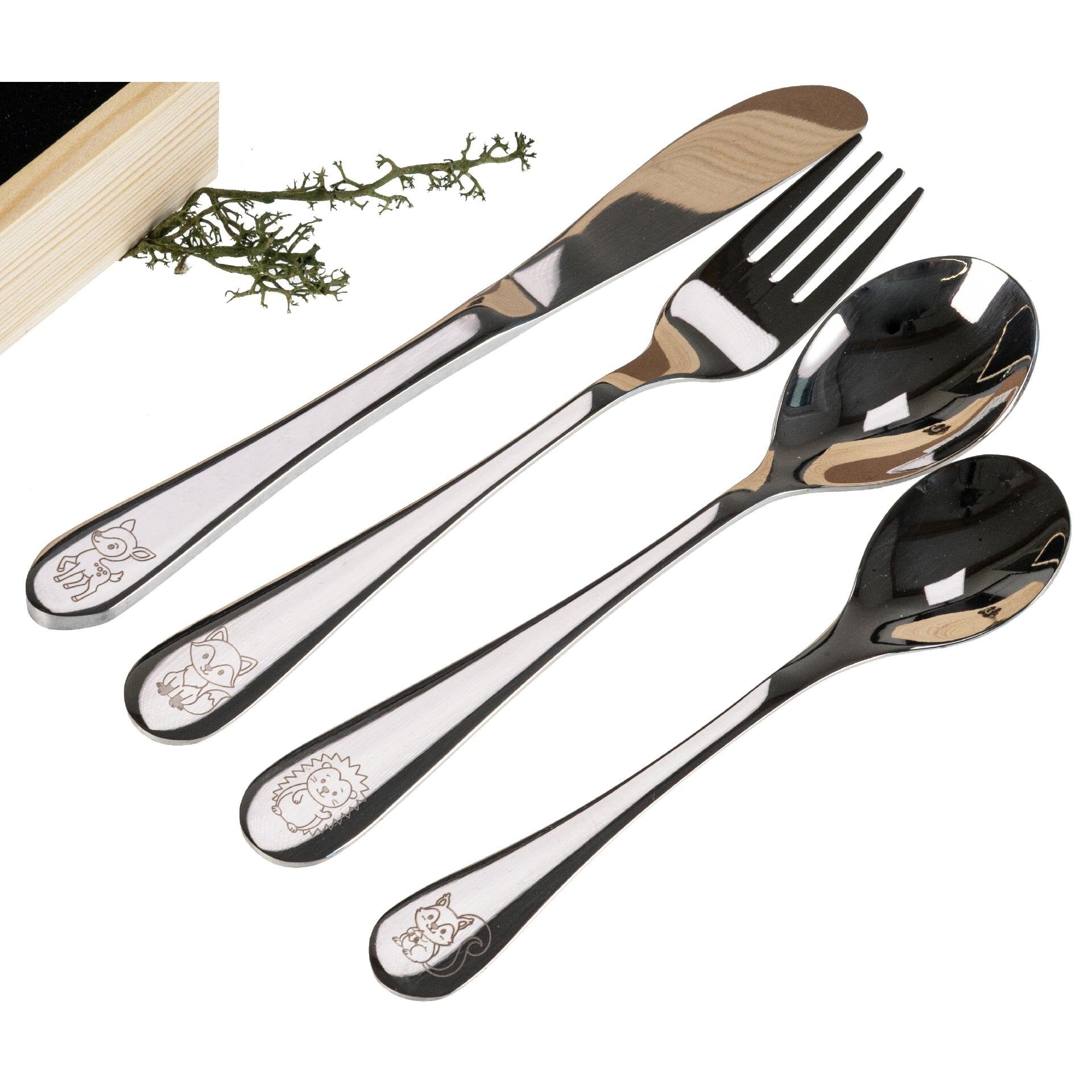 Kinderbesteck Set | Edelstahl | verschiedene Motive | Holzkiste personaisierbar